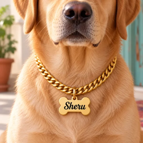 Gold-tone bone shape dog name pendant worn by a dog, front view