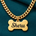 Gold-tone bone shape dog name pendant on a teal background with a chain