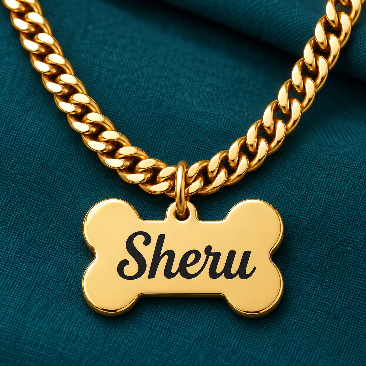 Personalized Bone Shape Dog Name Pendant - Pendant Detail Gold-tone bone shape dog name pendant on a teal background with a chain