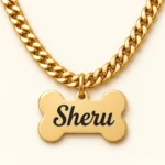Personalized Bone Shape Dog Name Pendant with a gold-tone chain on an cream background