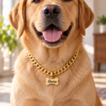 Personalized Bone Shape Dog Name Pendant on a dog wearing the matching gold-tone chain