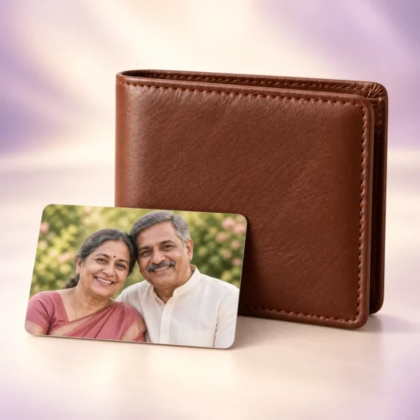 Brown wallet with personalized parents photo card in front