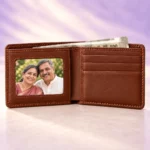 Brown Wallet with Personalized Photo Card opened to show the photo window and compartments