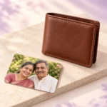 Brown Wallet with Personalized Photo Card with a sample photo card on a stone surface