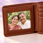 Brown Wallet with Personalized Photo Card with a close view of the photo window