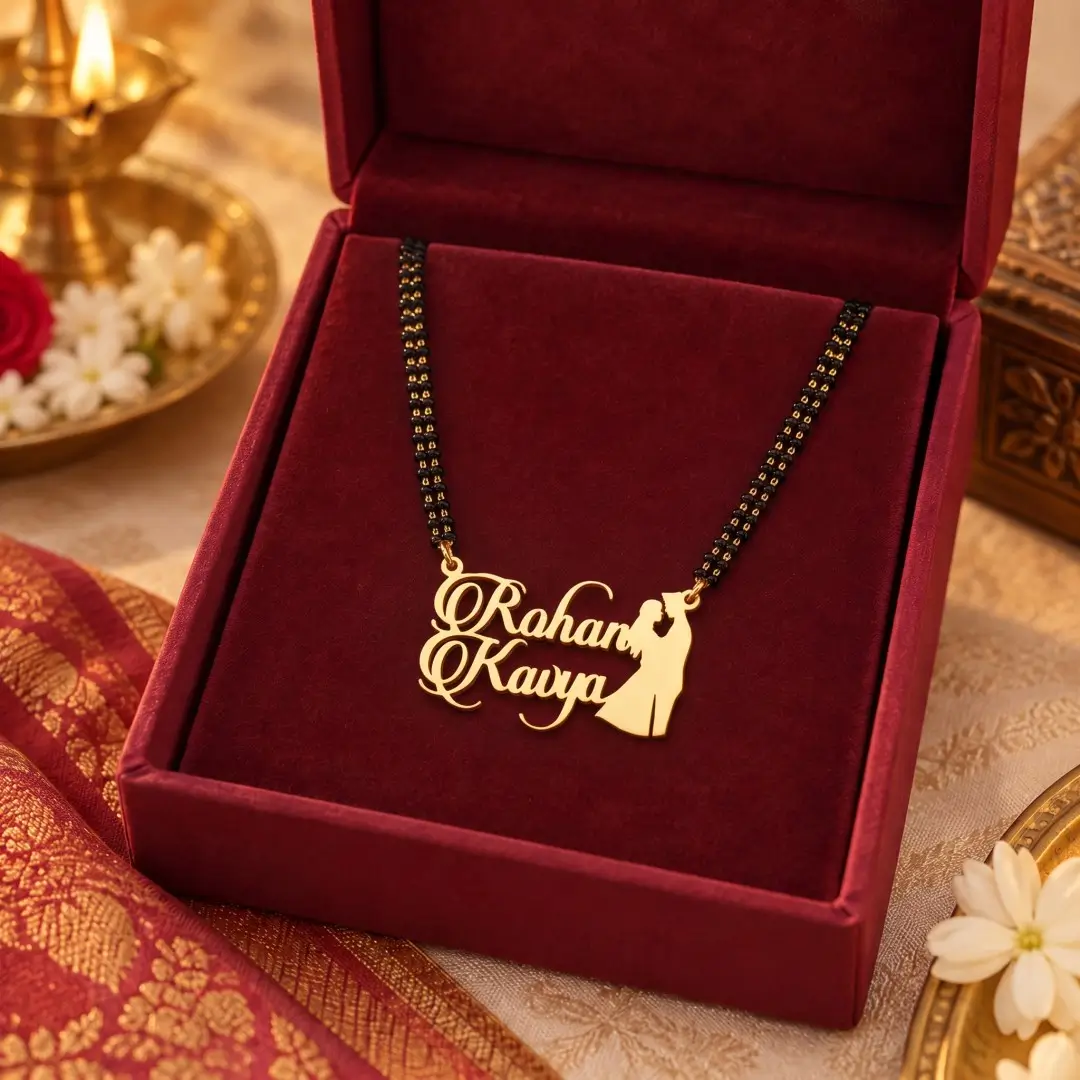 Romantic Couple Name Mangalsutra Pendant - With a black-beaded chain in a red display box Romantic Couple Name Mangalsutra Pendant with a black-beaded chain in a red display box