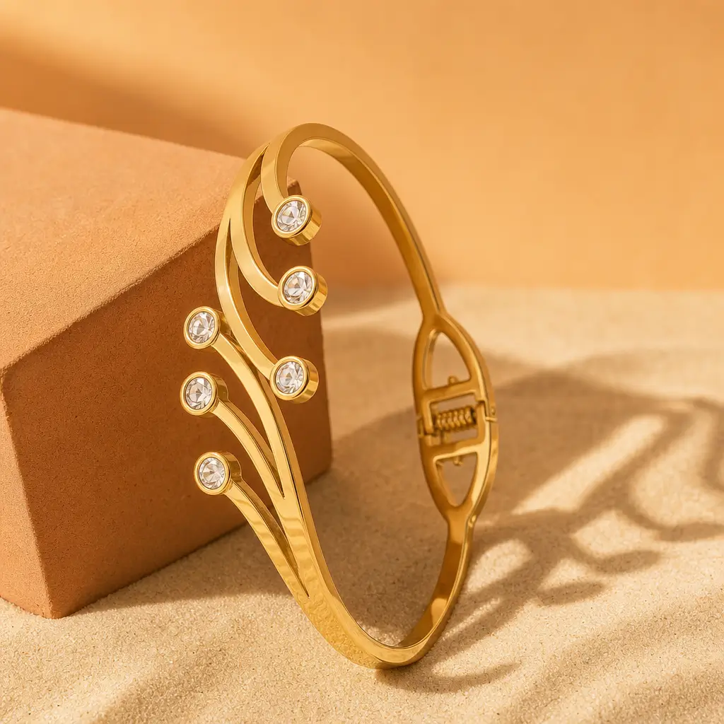 Golden Sparkle Bracelet with 6 Stones - Standing beside a warm-toned display block Golden Sparkle Bracelet with 6 Stones standing beside a warm-toned display block