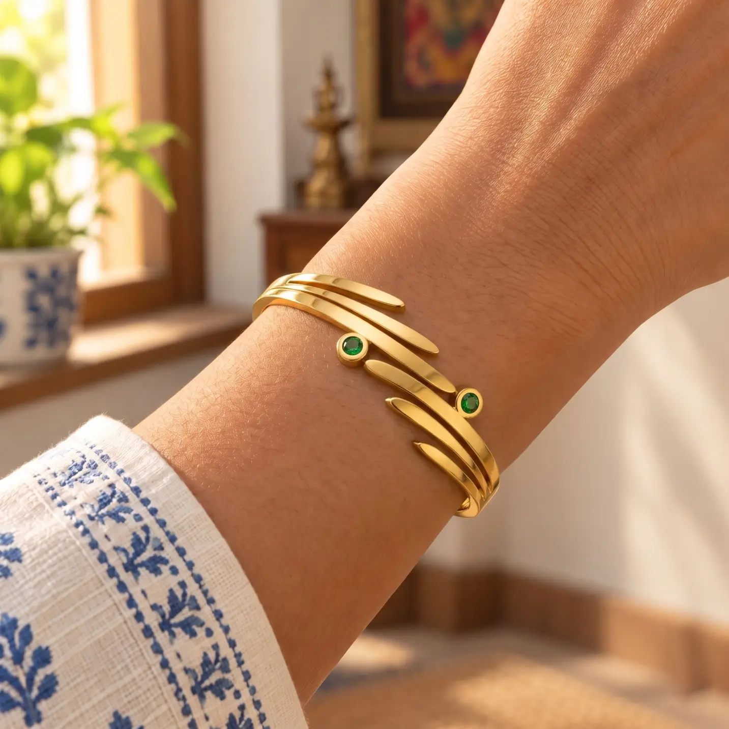 Golden Green Stone Leaf Cuff Bracelet