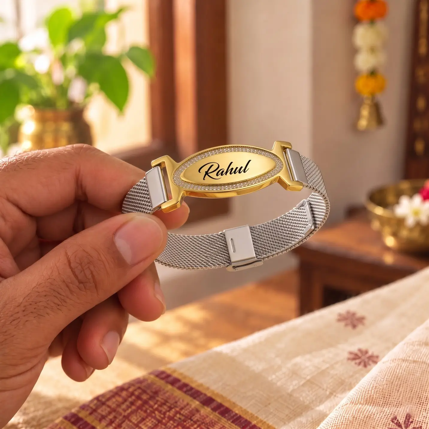 Personalized Engraved Name Mesh Bracelet – Image 2 Golden oval nameplate and silver-tone mesh band of a personalized engraved bracelet held in hand