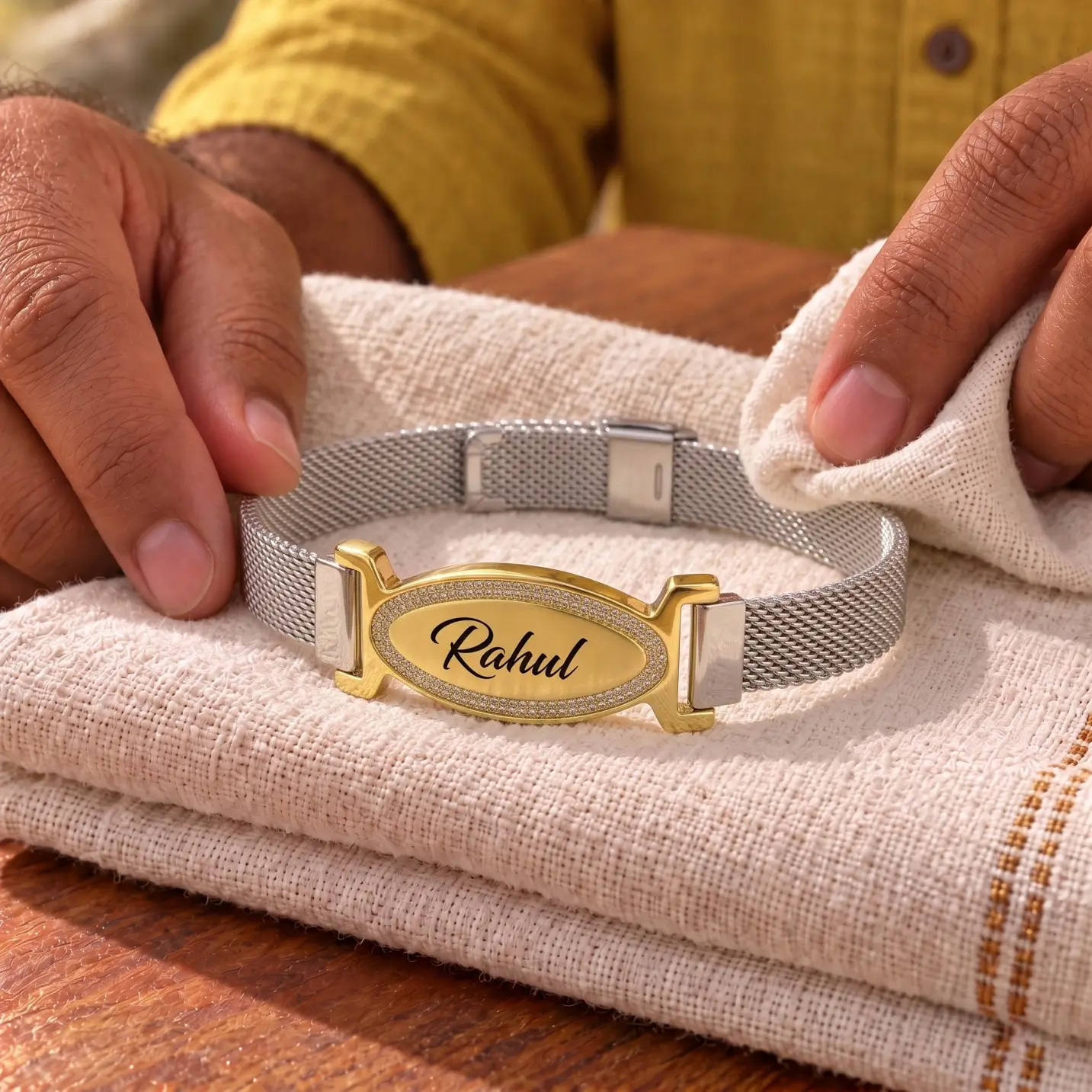 Personalized Engraved Name Mesh Bracelet – Image 3 Personalized engraved name mesh bracelet displayed on folded beige linen